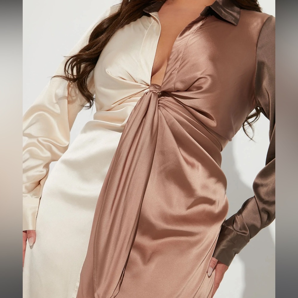 Mocha & Cream Satin Midi Dress - Long Sleeve - Size L - Picture 7 of 9
